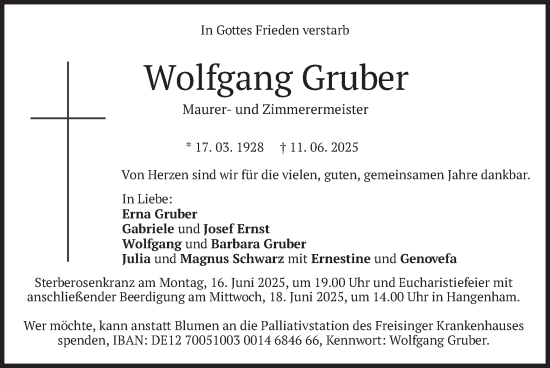 Todesanzeige von Wolfgang Gruber von merkurtz