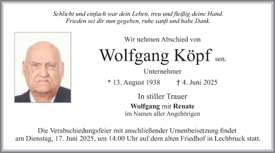 Todesanzeige von Wolfgang Köpf von merkurtz