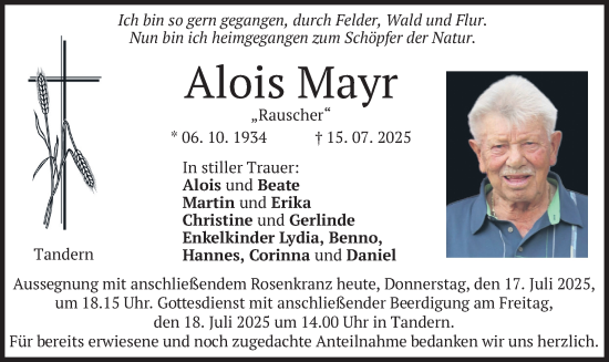 Todesanzeige von Alois Mayr von merkurtz
