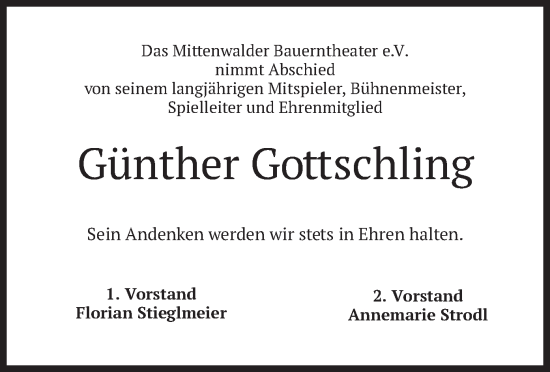 Todesanzeige von Günther Gottschling von merkurtz