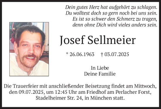 Todesanzeige von Josef Sellmeier von merkurtz