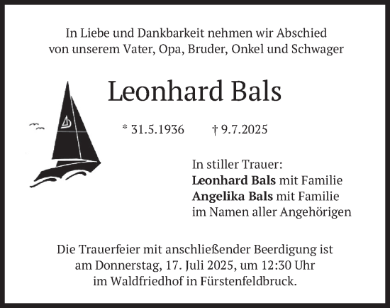 Todesanzeige von Leonhard Bals von merkurtz