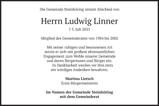 Todesanzeige von Ludwig Linner von merkurtz