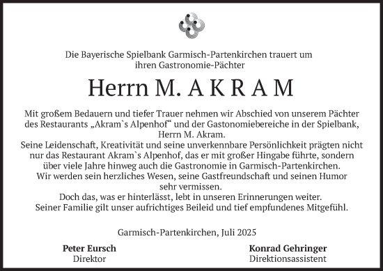 Todesanzeige von M. Akram von merkurtz