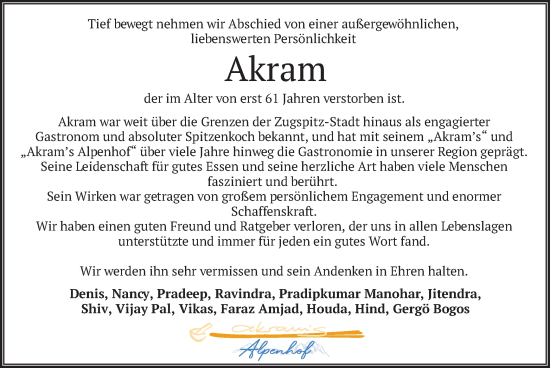 Todesanzeige von M. Akram von merkurtz
