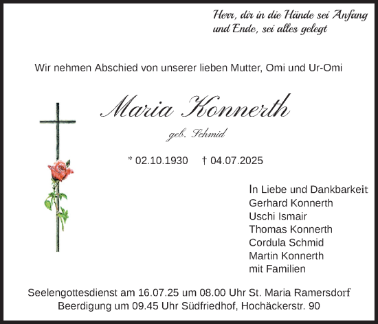 Todesanzeige von Maria Konnerth von merkurtz