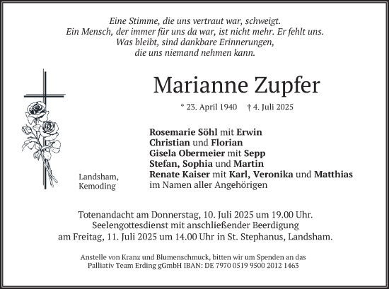 Todesanzeige von Marianne Zupfer von merkurtz