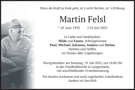 Todesanzeige von Martin Felsl von merkurtz