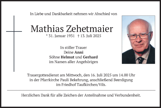 Todesanzeige von Mathias Zehetmaier von merkurtz