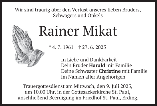 Todesanzeige von Rainer Mikat von merkurtz