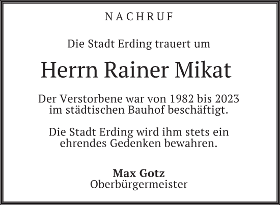 Todesanzeige von Rainer Mikat von merkurtz