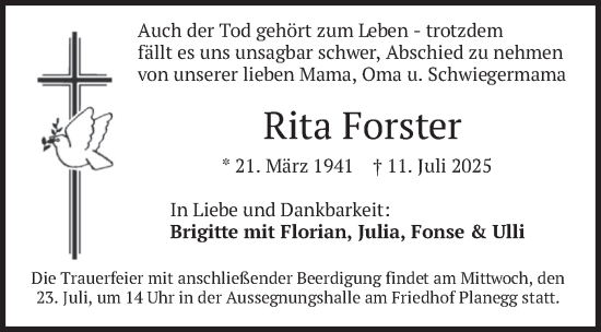 Todesanzeige von Rita Forster von merkurtz