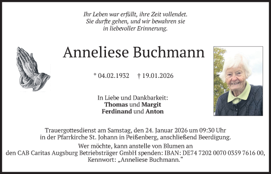 Todesanzeige von Anneliese Buchmann von merkurtz