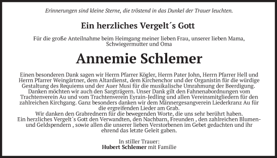 Todesanzeige von Annemie Schlemer von merkurtz