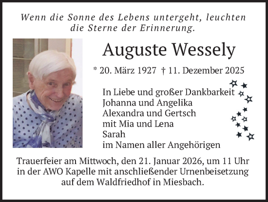 Todesanzeige von Auguste Wessely von merkurtz