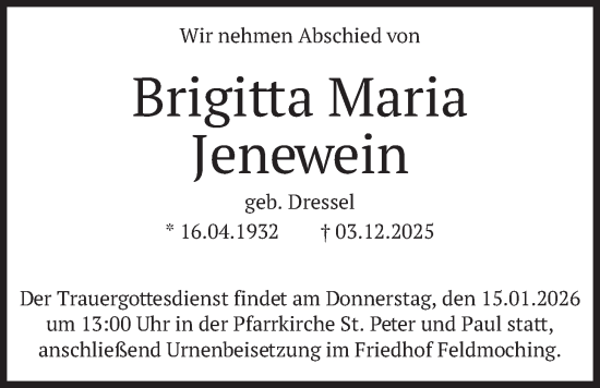 Todesanzeige von Brigitta Maria Jenewein von merkurtz