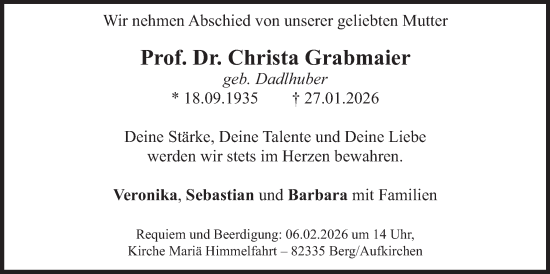 Todesanzeige von Christa Grabmaier von merkurtz