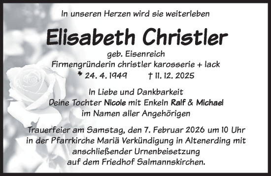 Todesanzeige von Elisabeth Christler von merkurtz