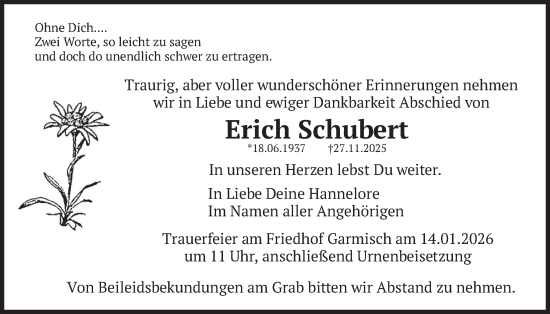 Todesanzeige von Erich Schubert von merkurtz