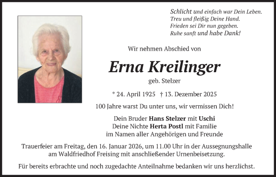 Todesanzeige von Erna Kreilinger von merkurtz