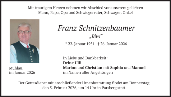 Todesanzeige von Franz Schnitzenbaumer von merkurtz