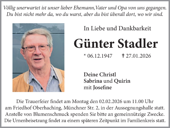 Todesanzeige von Günter Stadler von merkurtz