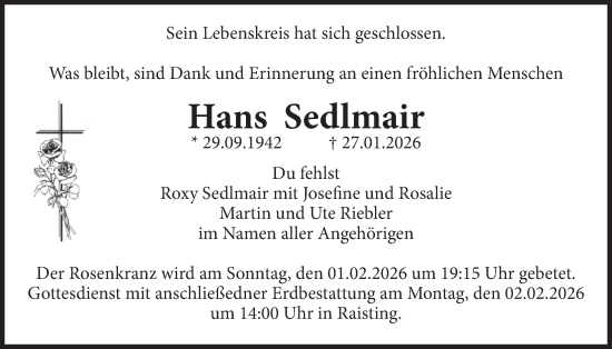 Todesanzeige von Hans Sedlmair von merkurtz