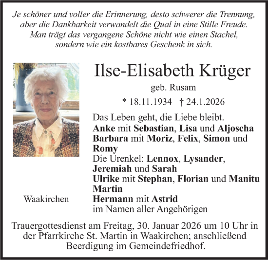 Todesanzeige von Ilse-Elisabeth Krüger von merkurtz