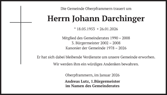 Todesanzeige von Johann Darchinger von merkurtz