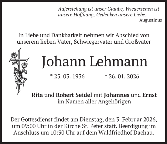 Todesanzeige von Johann Lehmann von merkurtz
