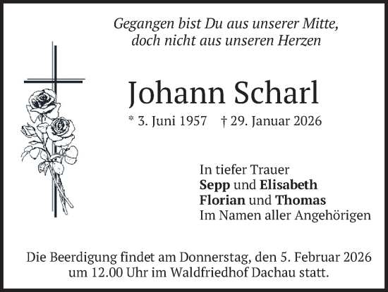Todesanzeige von Johann Scharl von merkurtz