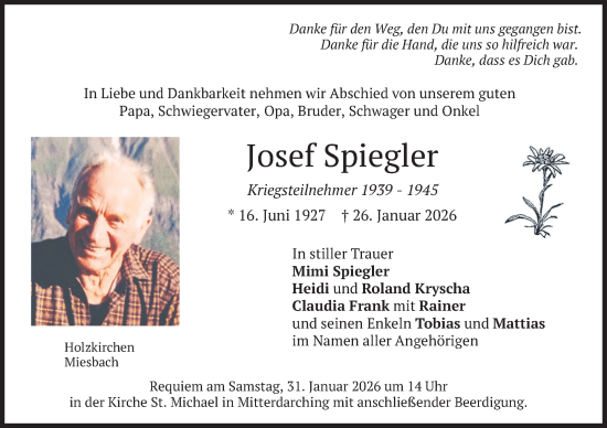 Todesanzeige von Josef Spiegler von merkurtz