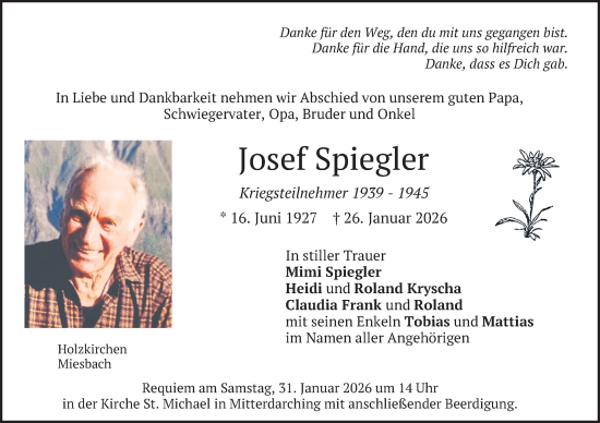 Todesanzeige von Josef Spiegler von merkurtz