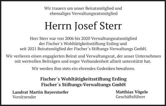 Todesanzeige von Josef Sterr von merkurtz