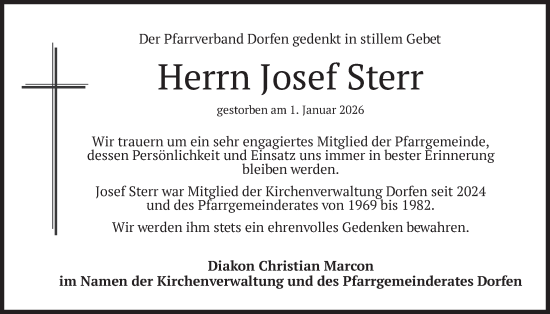 Todesanzeige von Josef Sterr von merkurtz