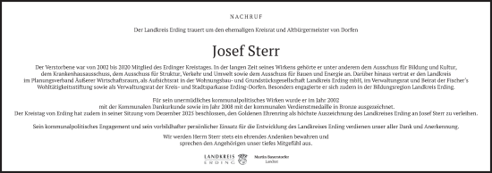 Todesanzeige von Josef Sterr von merkurtz