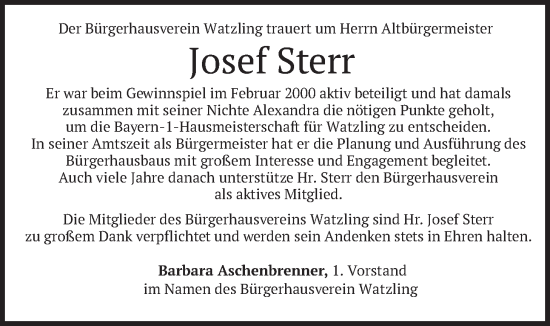 Todesanzeige von Josef Sterr von merkurtz