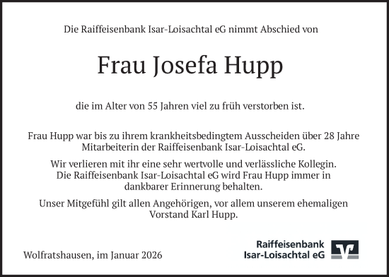 Todesanzeige von Josefa Hupp von merkurtz