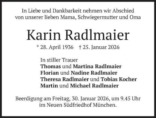 Todesanzeige von Karin Radlmaier von merkurtz