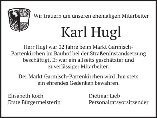 Todesanzeige von Karl Hugl von merkurtz