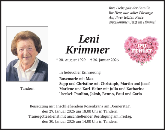 Todesanzeige von Leni Krimmer von merkurtz