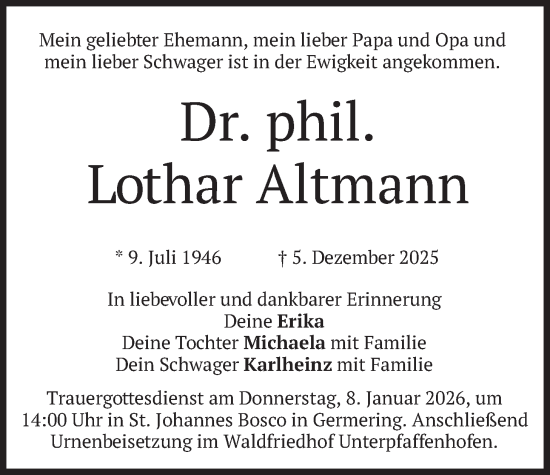 Todesanzeige von Lothar Altmann von merkurtz