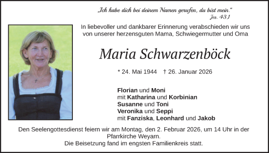 Todesanzeige von Maria Schwarzenböck von merkurtz