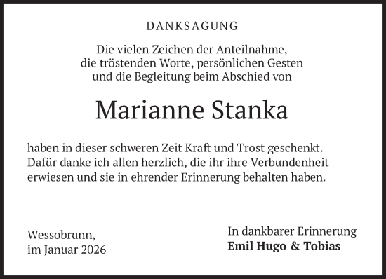 Todesanzeige von Marianne Stanka von merkurtz