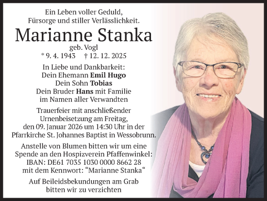 Todesanzeige von Marianne Stanka von merkurtz