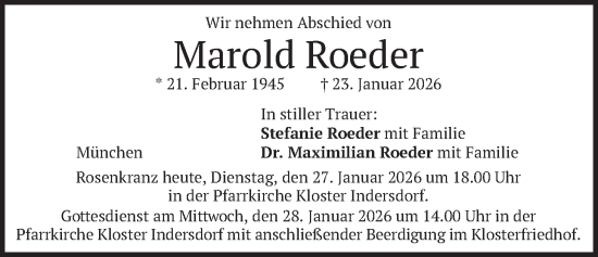 Todesanzeige von Marold Roeder von merkurtz