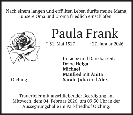 Todesanzeige von Paula Frank von merkurtz