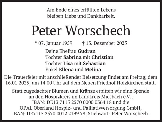 Todesanzeige von Peter Worschech von merkurtz