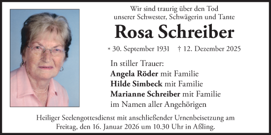 Todesanzeige von Rosa Schreiber von merkurtz