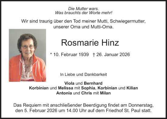 Todesanzeige von Rosmarie Hinz von merkurtz